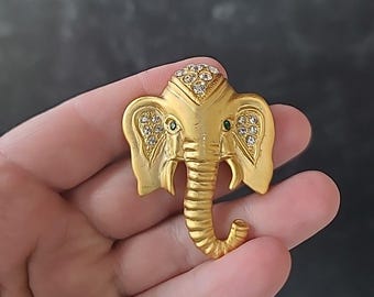 Ornate Rhinestone Elephant Head Shaped Brooch Vintage Costume Jewelry