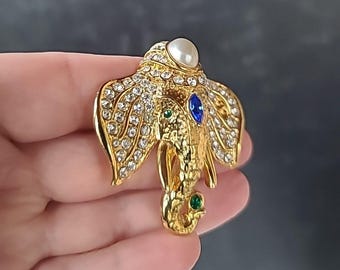 Ornate Rhinestone Elephant Head Shaped Brooch Vintage Costume Jewelry, READ!!!