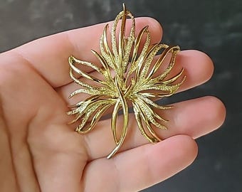 May include: A gold-toned brooch in the shape of a stylized leaf or flower. The brooch has intricate detailing, with textured surfaces and delicate, curved lines. The design is symmetrical and elegant, suitable for adding a touch of sophistication to any outfit.