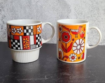 Checkered and Floral Mugs