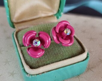 Pink Rhinestone Rose Stud Earrings