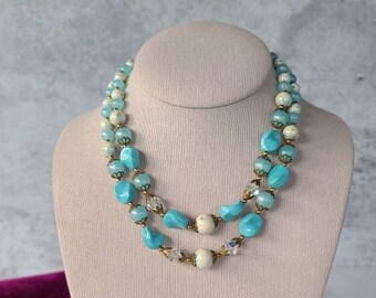 Double-stranded Aqua and White Beaded Necklace - Etsy