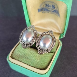 Silver Metallic Cabochon Clip-on Earrings, Costume Jewelry