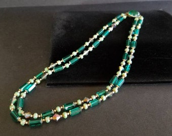 Double Strand Green Glass Beaded Necklace, Vintage Costume Jewelry