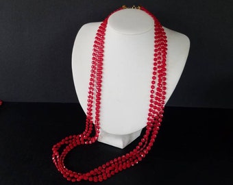 Vintage Red Multistrand Plastic Beaded Necklace
