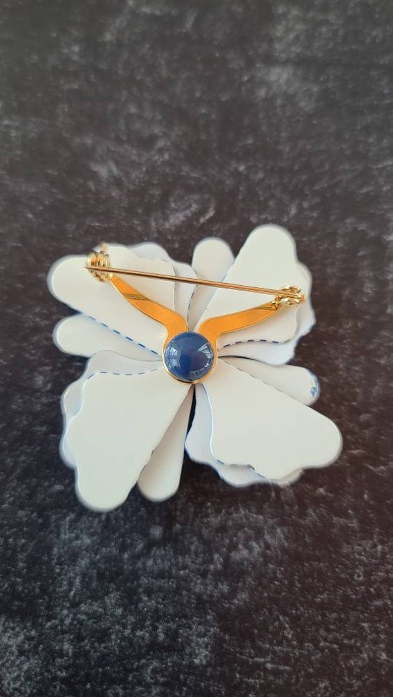 Vintage Blue and White Striped Floral Brooch - image 7