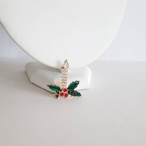 Vintage Christmas Candle Rhinestone Brooch with Holly Berry and Leaves