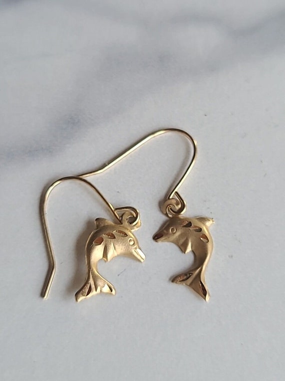 Vintage 14K Yellow Gold Dainty Dolphin Dangle Earr