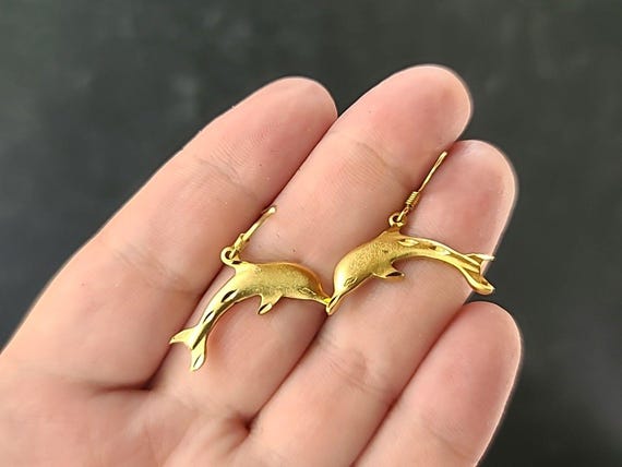イルカデザインピアス 14K ゴールド ゴールドトーンのイルカ型ダングリングピアス ヴィンテージ
