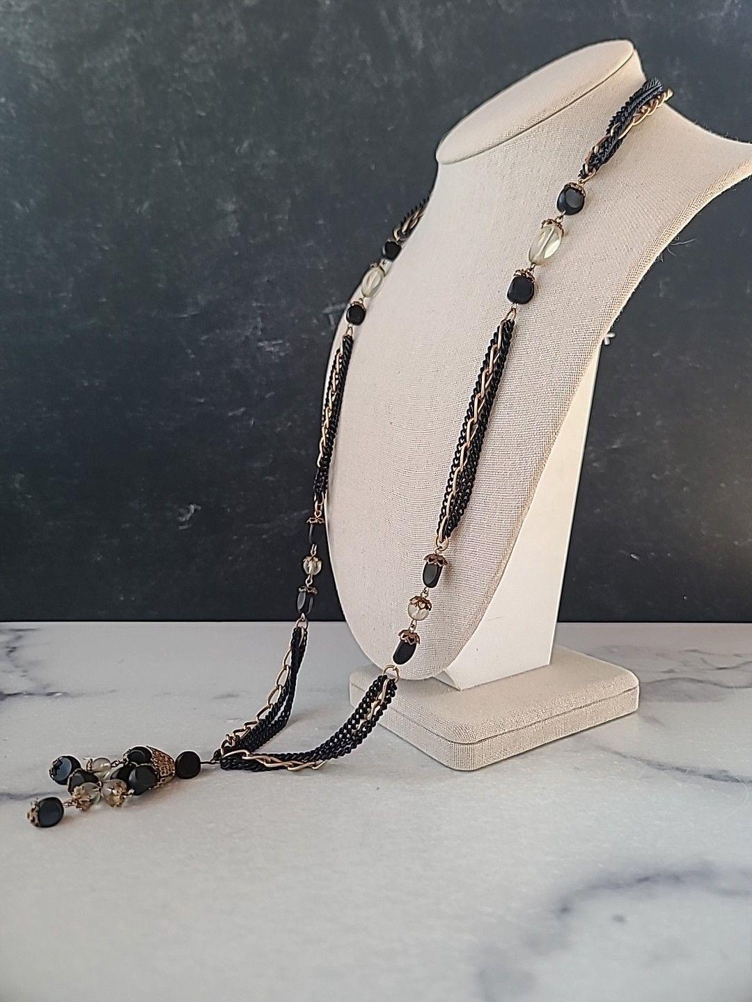 Black and Gold Tone Beaded Tassel Pendant Necklace Vintage Costume