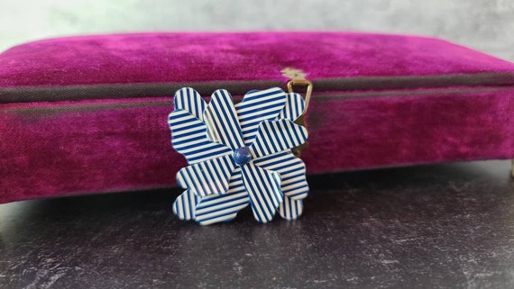 Vintage Blue and White Striped Floral Brooch - image 1