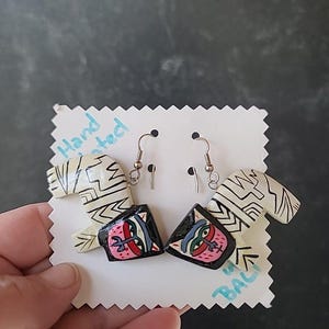 Painted Wooden Dangling Cat Earrings Vintage Costume Jewelry New Old Stock