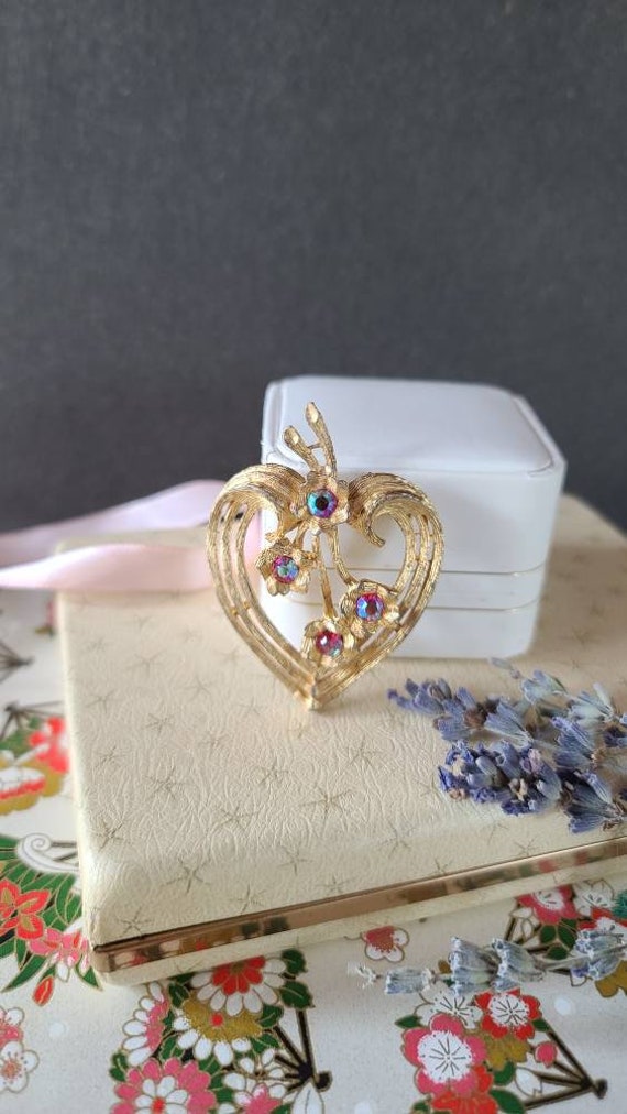 Aurora Borealis Crystal Heart Flower Brooch