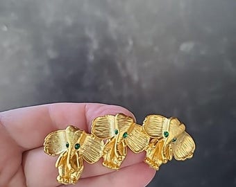 Elephant Shaped Green Rhinestone Eyes Gold Tone Brooch Vintage Costume Jewelry