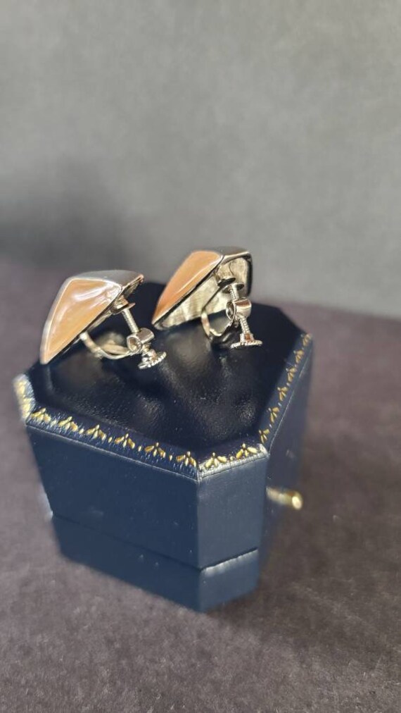 Triangular Silver and Apricot Screwback Earrings - image 8