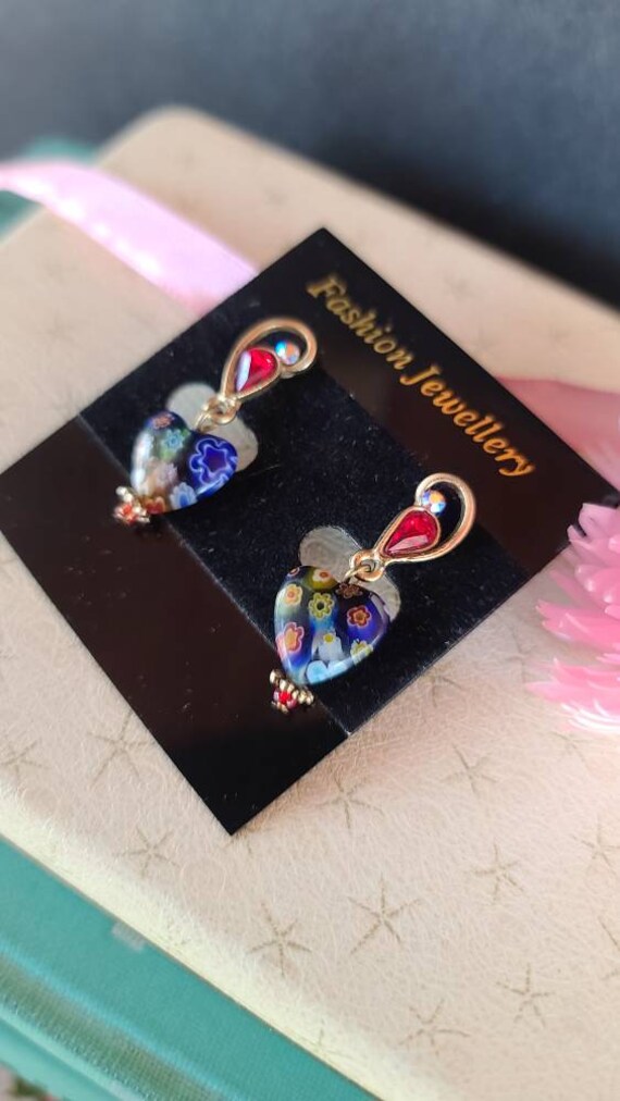 Millefiori Heart Dangling Earrings - image 1