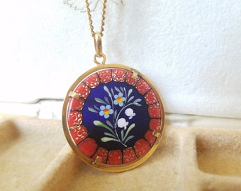 Vintage Handpainted Floral Millefiori Pendant Gold Necklace