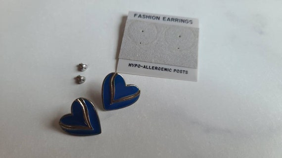 Vintage Heart Shaped Blue and Silver Stud Earrings - image 10