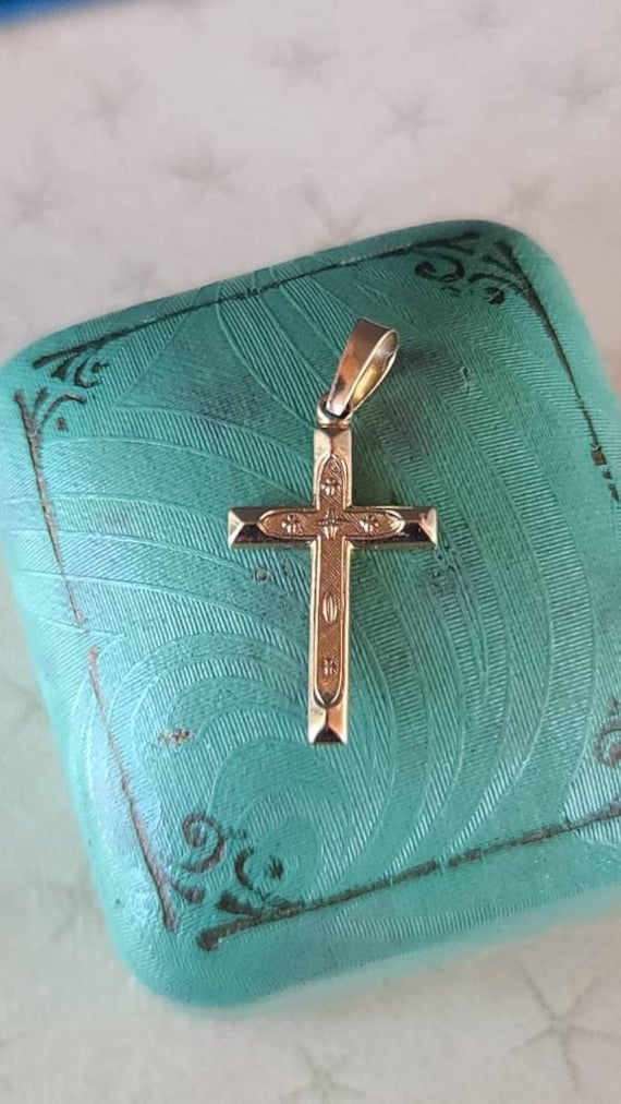Vintage 14K Etched Cross Pendant Etsy