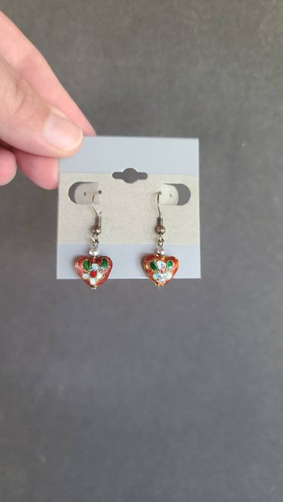 Dangling Cloisonne Heart Earrings - image 2