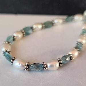 925 Sterling Silver Pearl Aqua Glass Beaded Bracelet Vintage