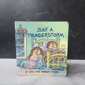May include: A children's book titled "Just a Thunderstorm" by Gina and Mercer Mayer. The cover features an illustration of two cartoon characters in bed during a storm, with a cat and a toy truck. The book is a Golden Book.