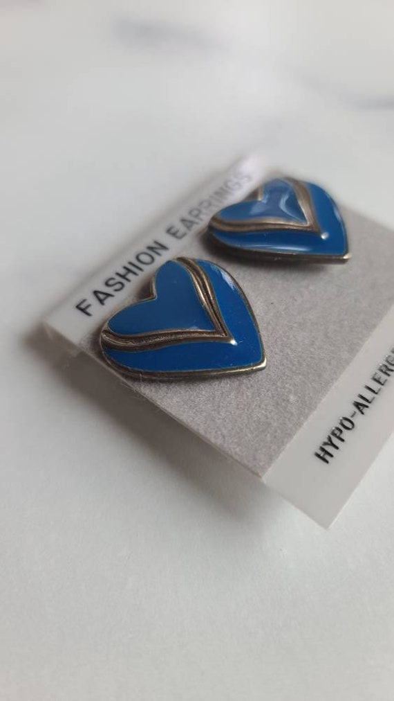 Vintage Heart Shaped Blue and Silver Stud Earrings - image 5