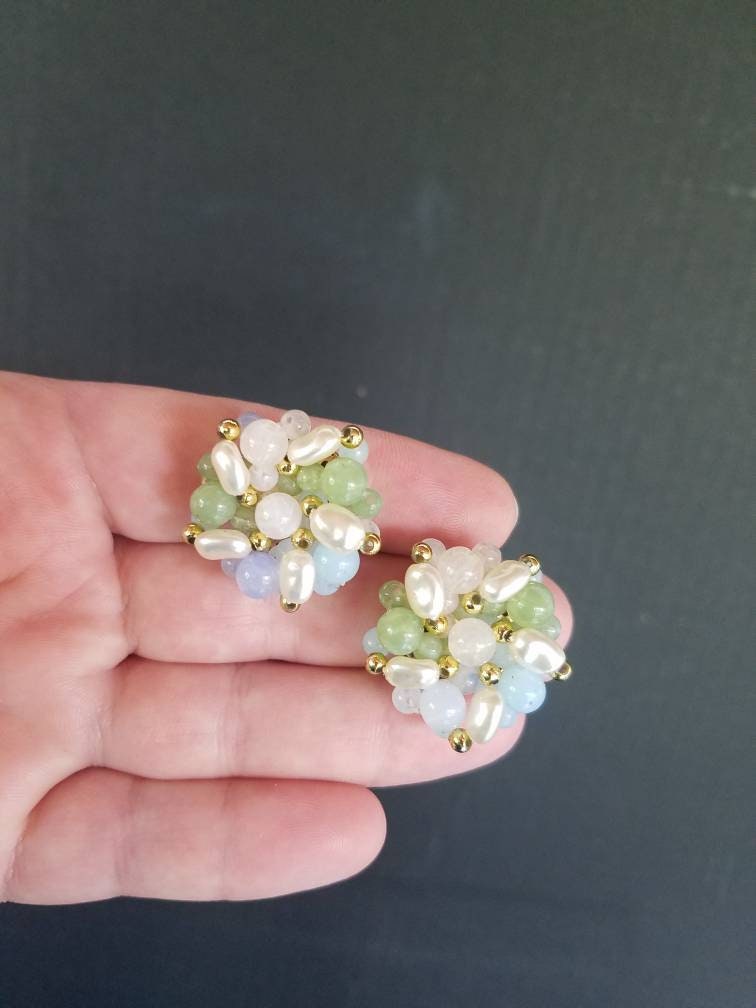 Pastel Cluster Beaded Clipon Earrings Etsy