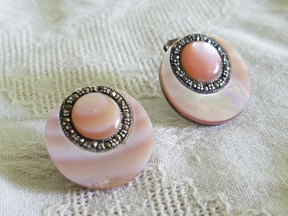 Vintage Pink Shell and Silver 925 Stud Earrings - image 9