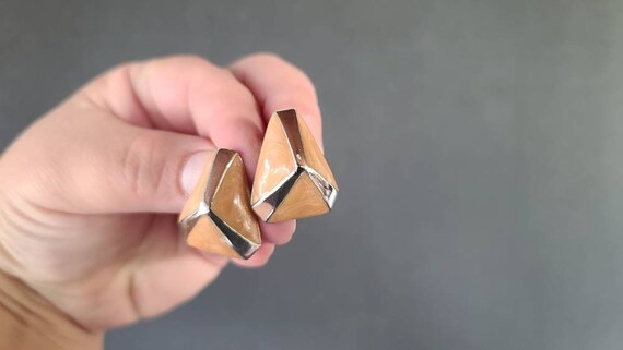 Triangular Silver and Apricot Screwback Earrings - image 4