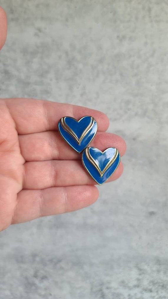 Vintage Heart Shaped Blue and Silver Stud Earrings - image 2