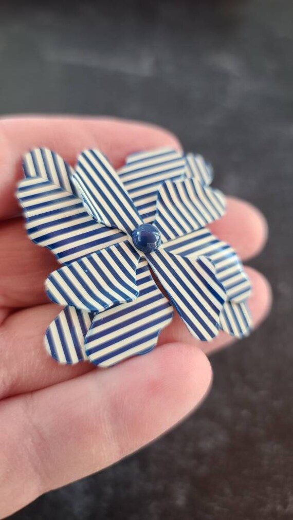 Vintage Blue and White Striped Floral Brooch - image 5