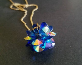 Blue Crystal Pendant Necklace, Vintage Costume Jewelry