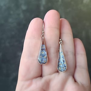925 Sterling Silver Preserved Flowers Dangling Pierced Earrings Vintage Mexico