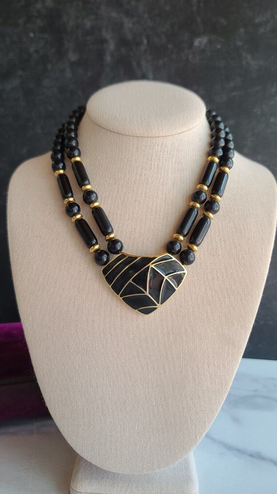 Vintage Trifari Black And Gold Beaded Statement Ne