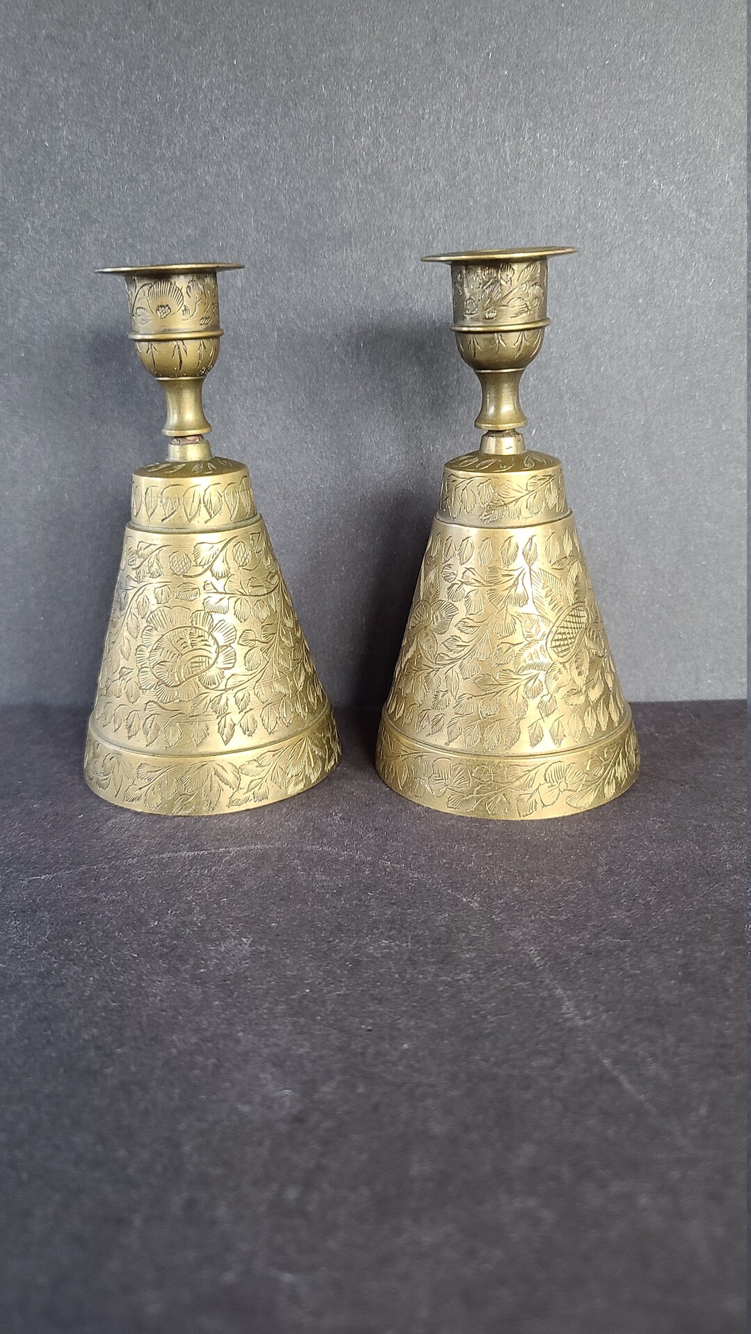 Vintage Etched Brass Bell Candle Holders Etsy