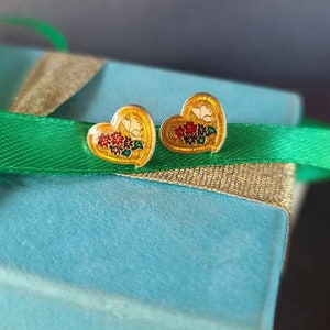 Cloisonne Floral Heart Shaped Stud Earrings