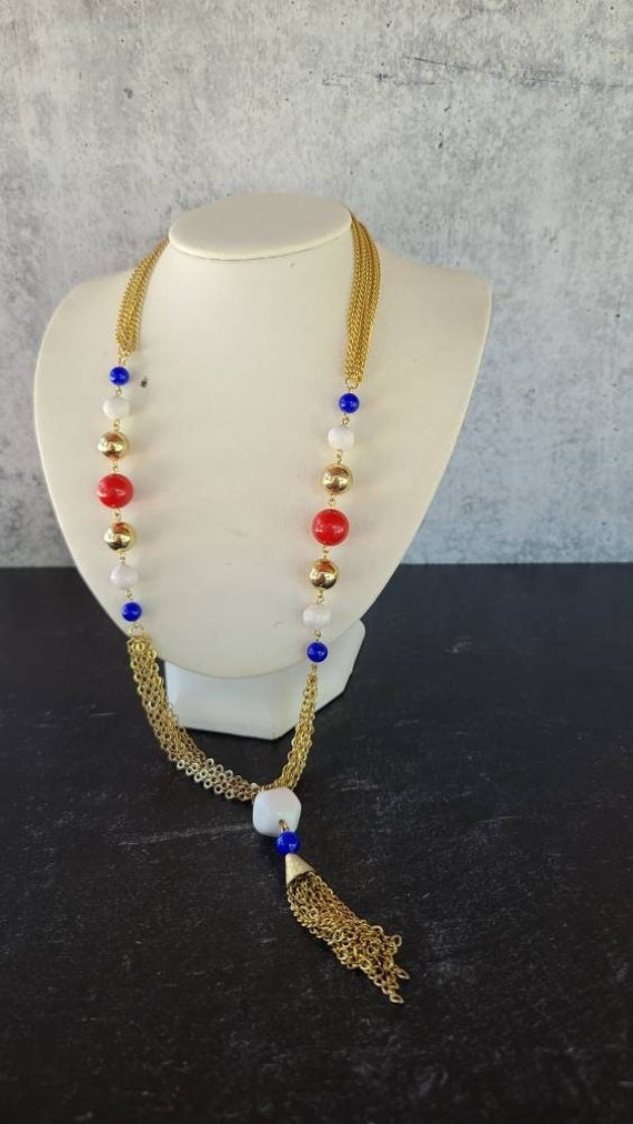 Vintage Patriotic Beaded Tassel Necklace