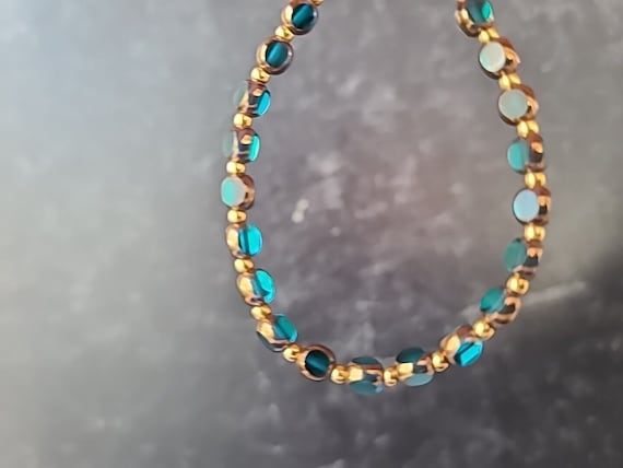 Vintage Blue/Aqua Glass And Gold Tone Metal Beade… - image 2