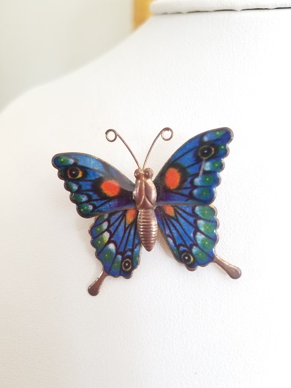 Vintage Blue Green Orange Resin Butterfly Brooch/… - image 1