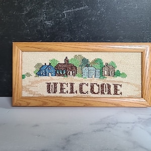 Welcome Framed Cross Stitch Art Vintage