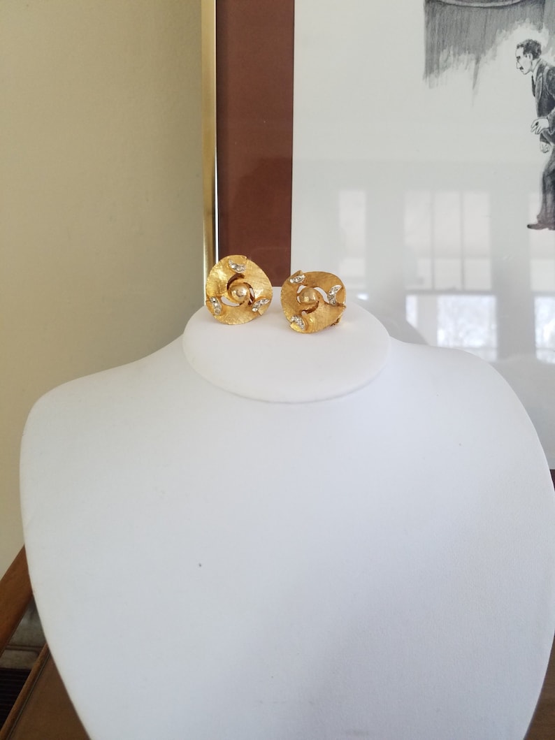 Gold Swirl with Crystal Rhinestones Vintage Clip-on Earrings B.S.N Marked Earrings