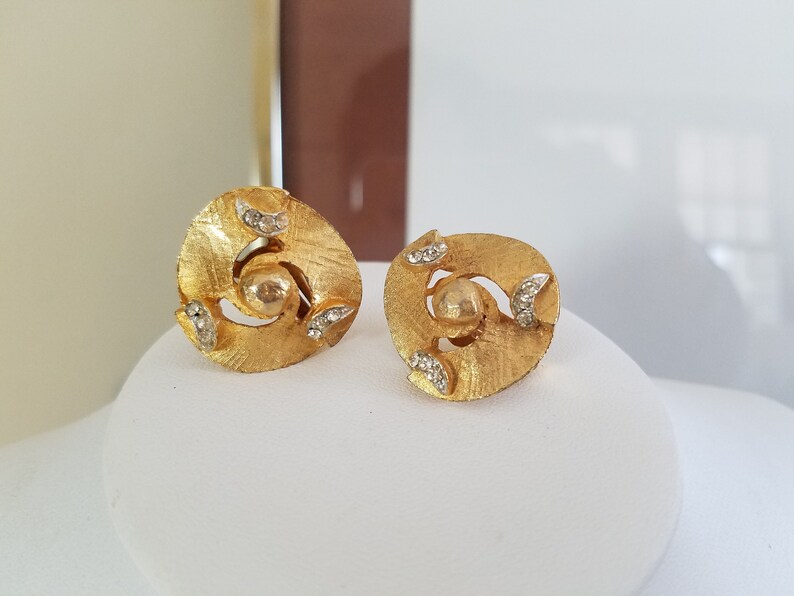 Gold Swirl with Crystal Rhinestones Vintage Clip-on Earrings B.S.N Marked Earrings