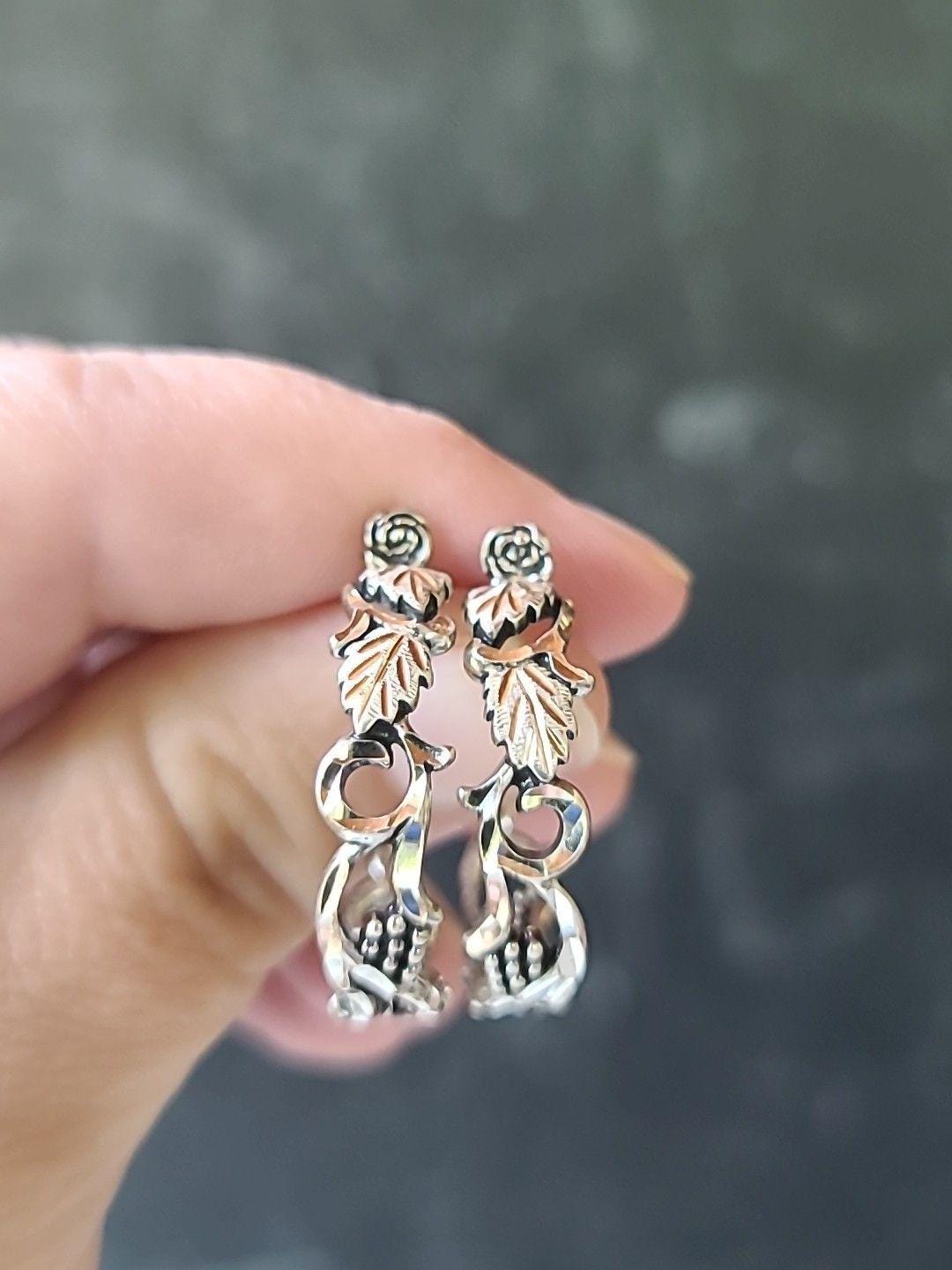 925 Sterling Silver Grape Leaf Shaped Half Hoop Earrings Vintage 