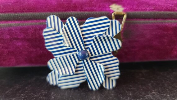 Vintage Blue and White Striped Floral Brooch - image 2