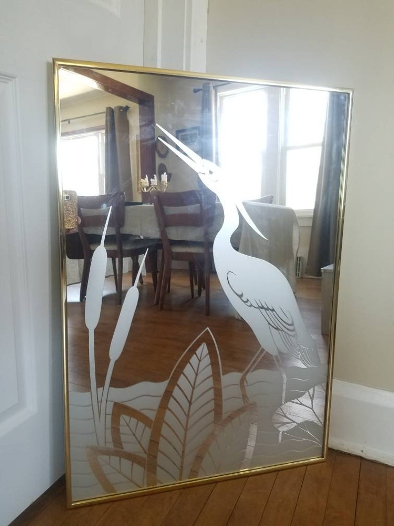 Large Gloria Ericksen Etched Crane Mirror Vintage Wall Mirror | Etsy