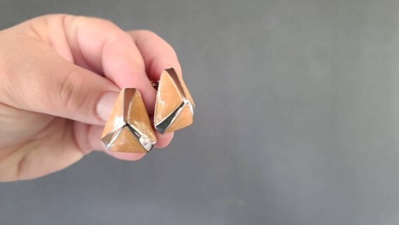 Triangular Silver and Apricot Screwback Earrings - image 6