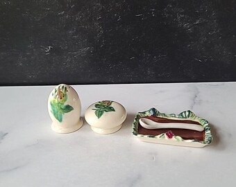 Vintage Garden Themed Salt/Pepper Shakers/Tray and Spoon, MISSING STOPPERS