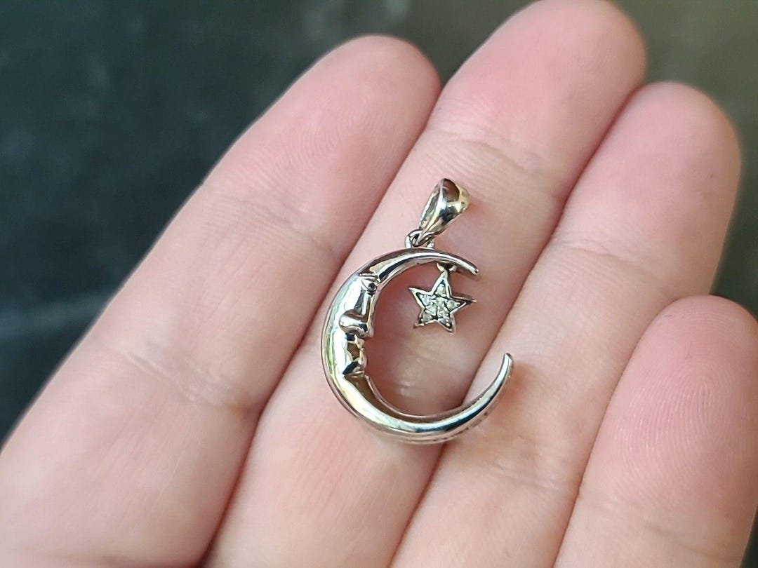 925 Sterling Silver Diamond Accents Moon and Stars Pendant Vintage - Etsy