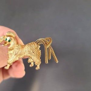 Gold and Green Eye Rhinestone Dog Brooch